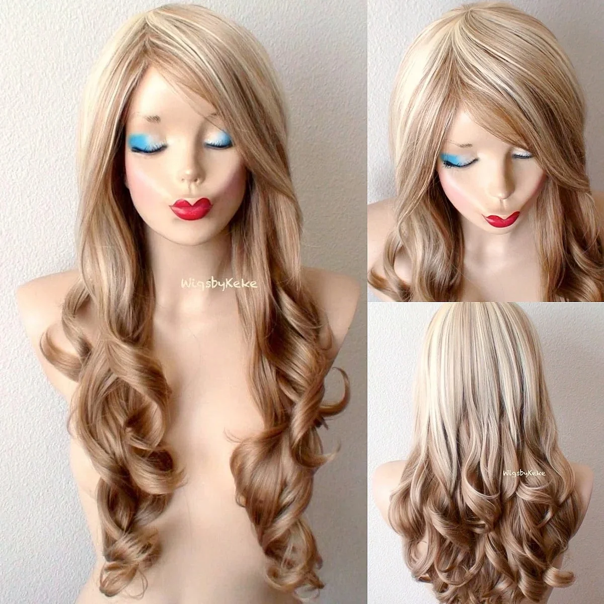 Blonde Ombre Wig. Blonde/Carmel Curly Hair Side Bangs Wig. Heat Friendly Synthetic Hair Wig. shine ombre blonde wig with bangs full machine made synthetic body wave wig heat temperature fiber wig 30 inch none lace wig