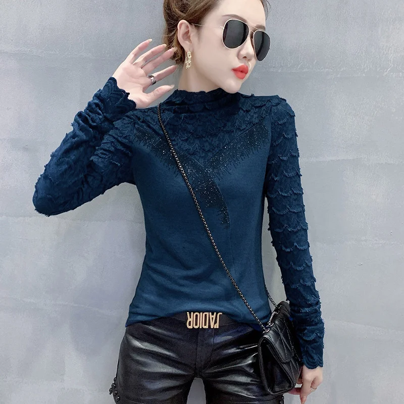 

#8464 Базовая футболка на весну и осень, Женская Повседневная футболка с разрезом и кружевом, женская короткая водолазка с бриллиантами, женская футболка