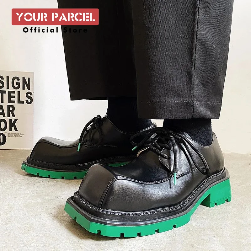 Square toe leather shoes for men Korean version thick sole
