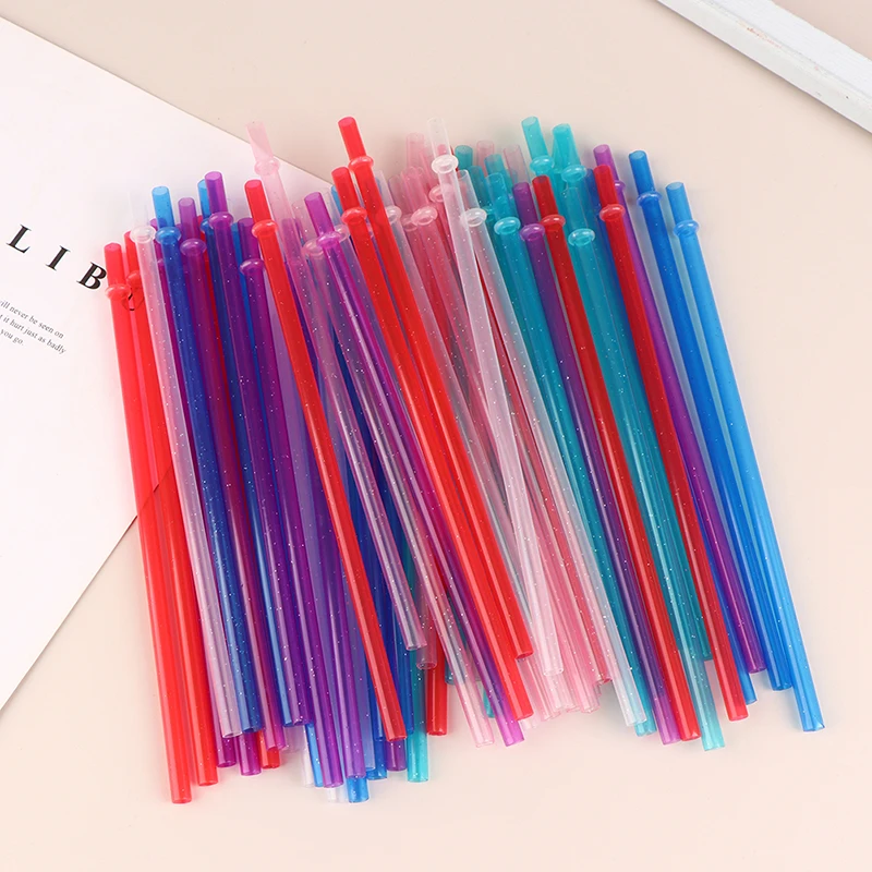 

10 Pcs Colourful Plastic Glitter Straws With Rings Reusable Drinking Mugs Buckle Hard Straight Straws