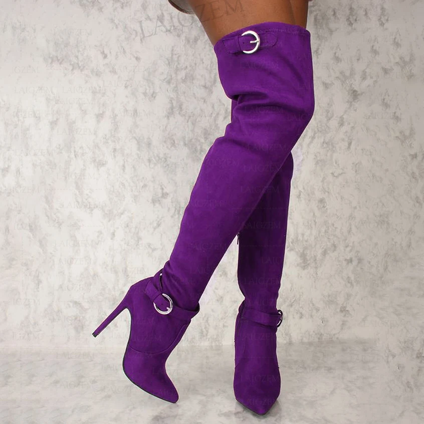 

SEIIHEM Women Over Knee High Boots Pointed Toe Side Zip Thin High Heels Boots Faux Suede Ladies Shoes Woman Big Size 40 43 46 47