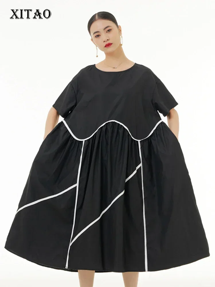 

XITAO Pleated Patchwork Dress Women Korea 2024 Summer New Arrival Personality Fashion Loose O-neck Short Sleeve Dress ZY8437