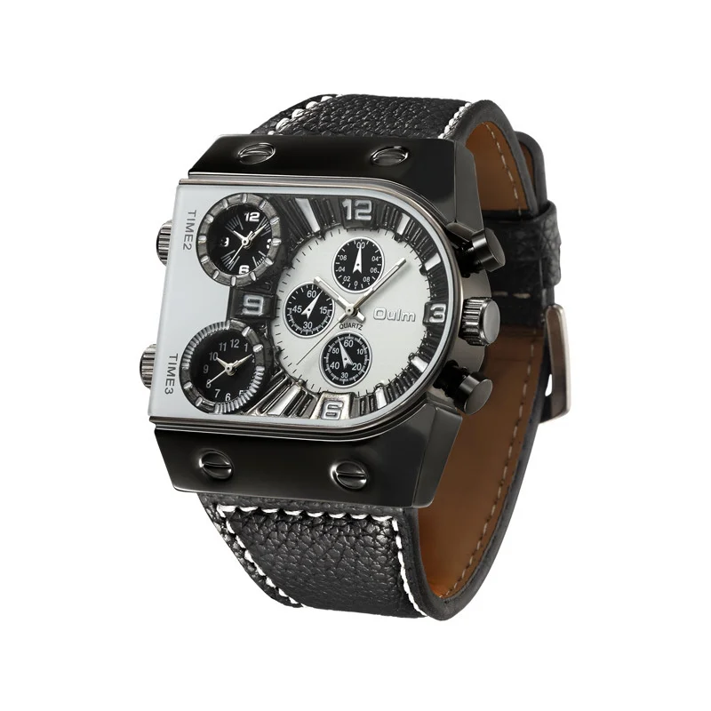 Tough Guy Series Large Dial Quartz Watch For Men Multiple Time Zones Fashionable Personalized Luminous Leather Strap Men Watch