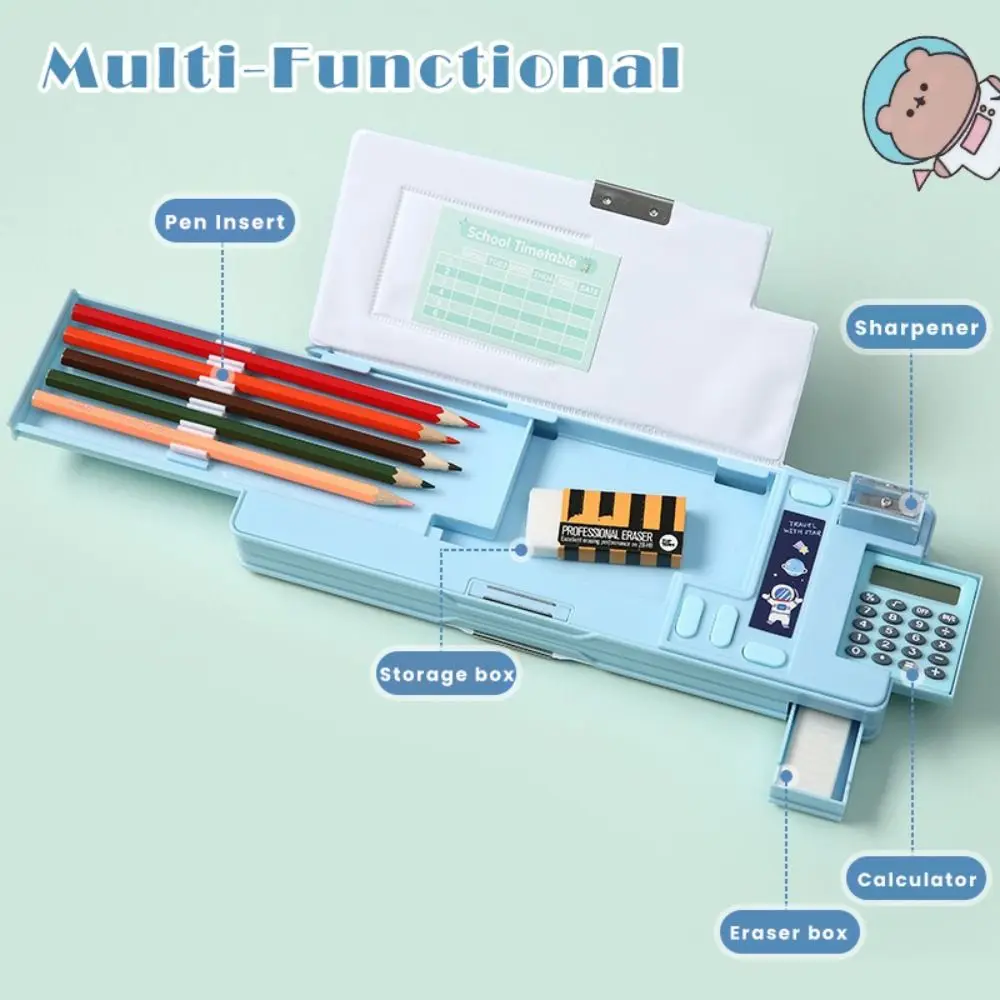 Multi-Functional Double-Sided Pencil Box with Built-In Calculator and Sharpener