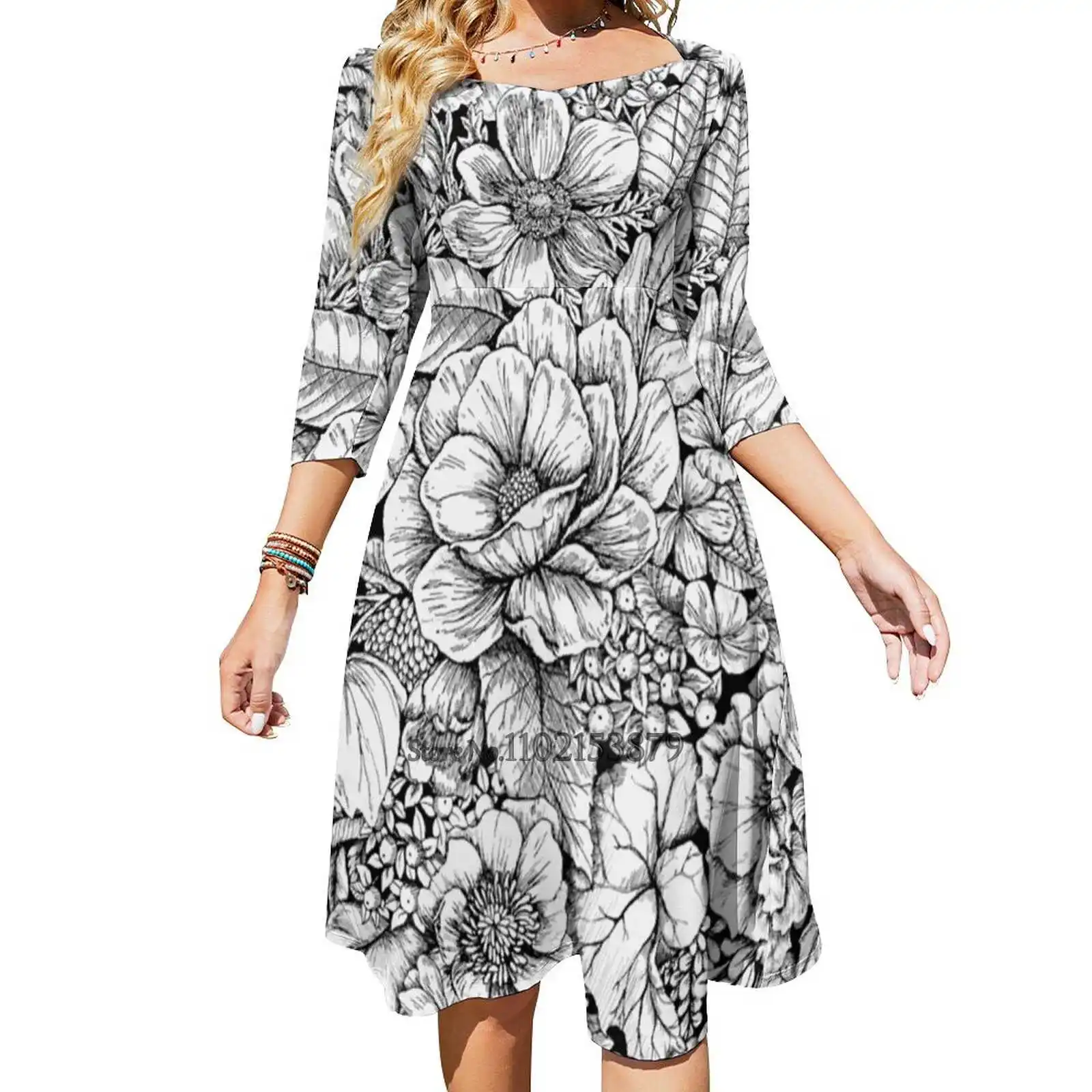 

Floral Flower Circle Back Lacing Backless Dress Square Neck Dress Evening Party Dresses Midi Sexy Dress Linn Linn Warme