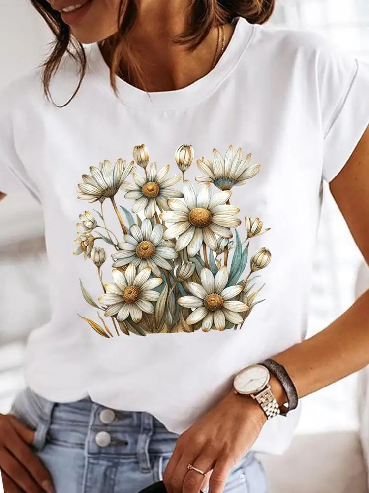 Clothes T Female Clothing For Women Graphic Tee Fashion Lady Sweet Flower 90s Casual Top O-neck Short Sleeve Print T-shirts