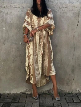 Women's Summer Kaftan Robe V-Neck Ethnic Printed Side Front Hem Slit Coverup Beach Vacation Casual Loose Plus Size Coverup Bikin 1