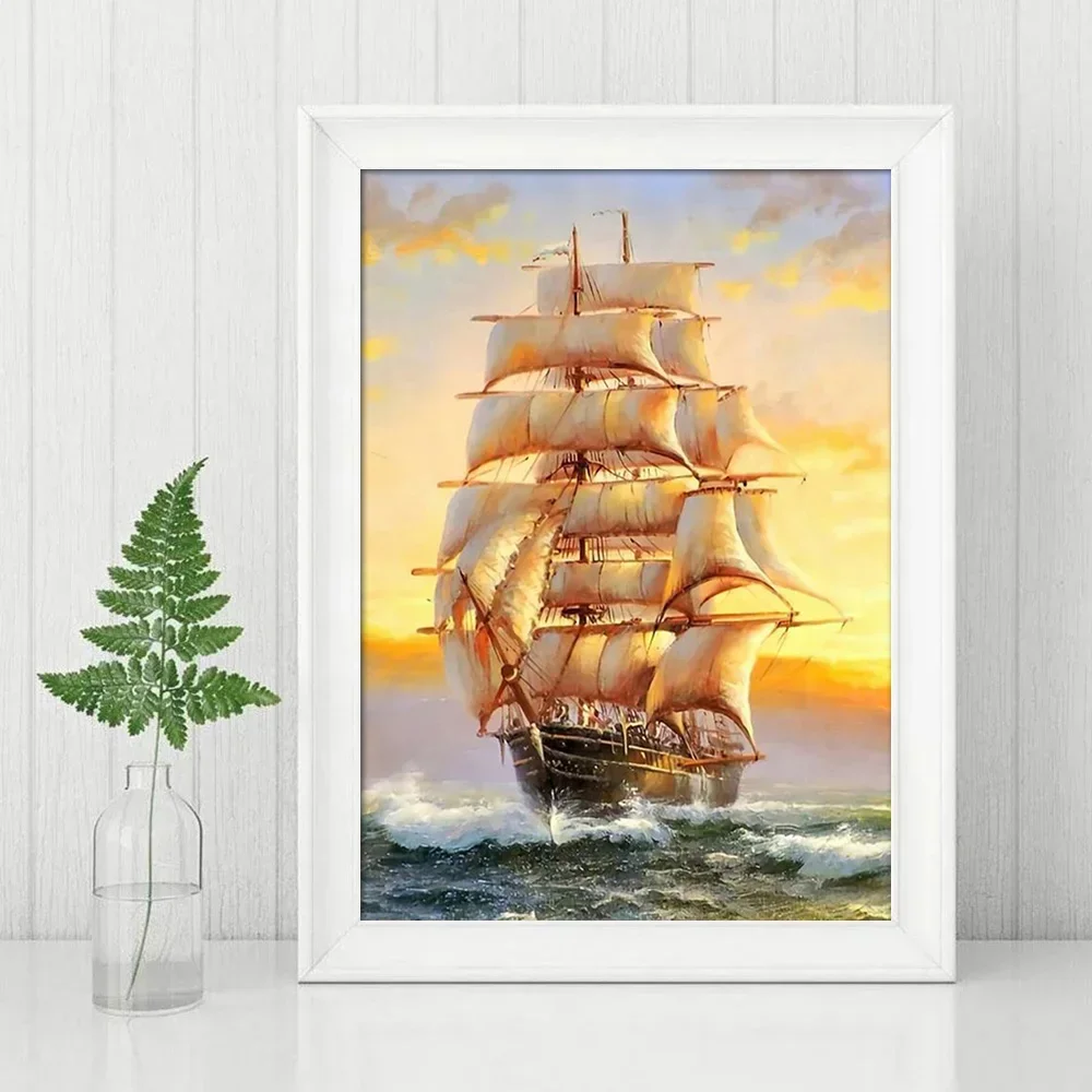 5D DIY Diamond Painting Moon Tree Cross Stitch Kit AB Round Diamond Landscape Embroidery Sailboat Mosaic