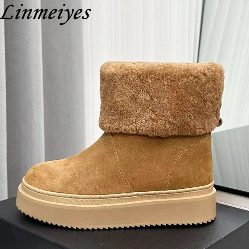 

High Quality Thick Sole Snow Boots Women Round Toe Inside Wool Warm Short Boots Winter Cow Suede Patchwork Ankle Boots Woman