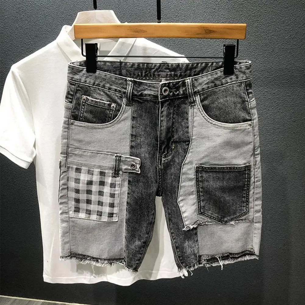 Patchwork Color Denim Shorts Summer Men's Denim Shorts with Multiple Pockets Baggy Ripped Jeans Streetwear Style for Casual Wear men jeans