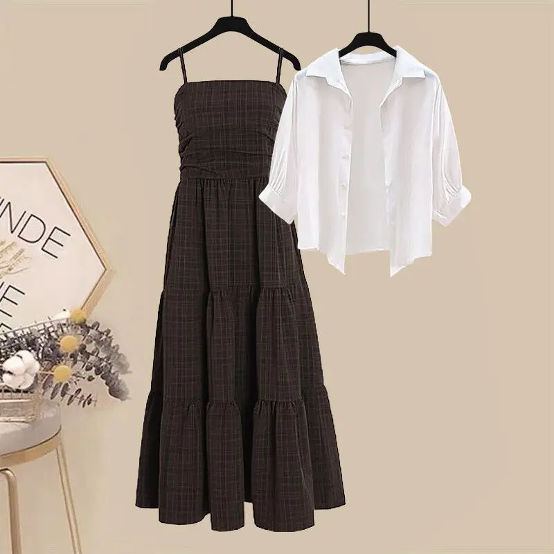 

Женский летний одинарный костюм, новинка 2023, модная Ретро рубашка с защитой от солнца для отдыха на море и отдыха и платье на бретелях, комплект из двух предметов