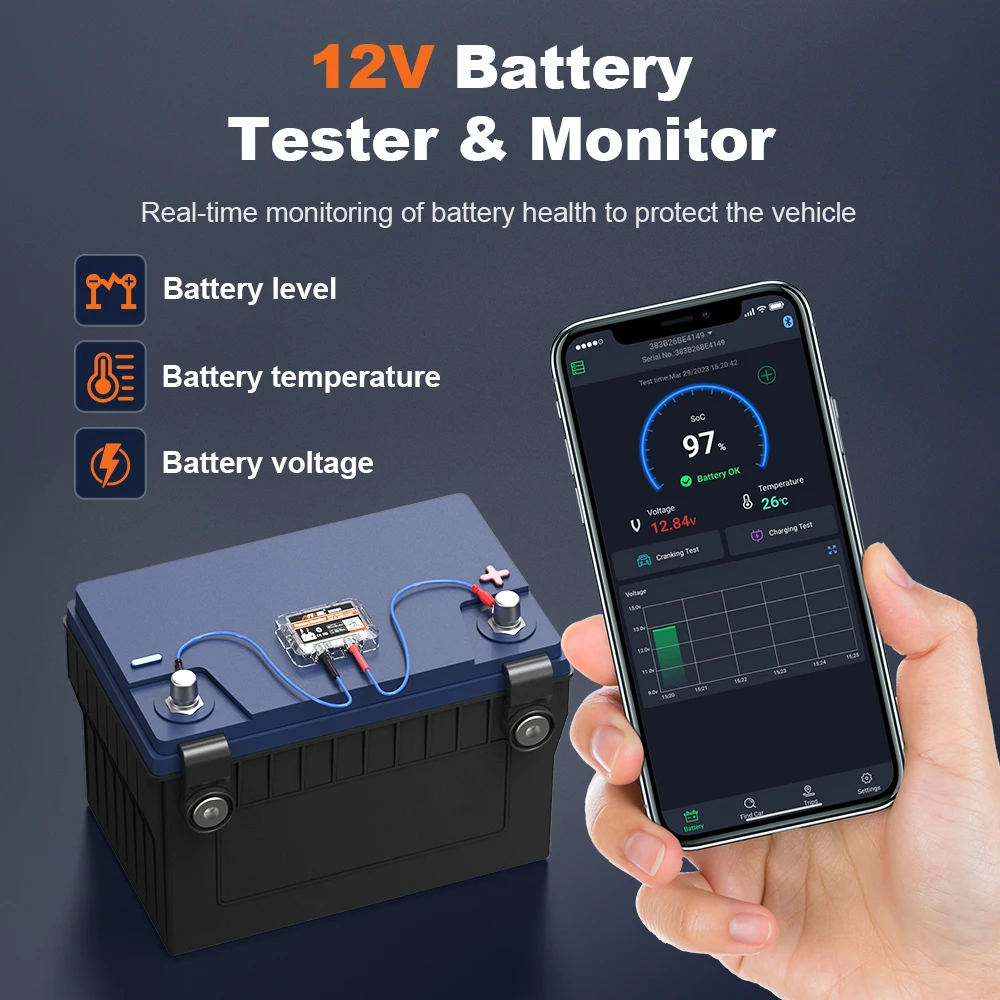 ANCEL BM200 12V 자동차 배터리 모니터, 12V 배터리 상태 모니터링, 무선 블루투스 4.2, 안드로이드 IOS 앱 배터리 테스터 도구