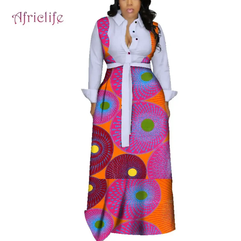 

Fashion Sashes African Dresses For Women Autumn Long Casual Shirt Print Cotton Maxi Private Custom Plus Size WY4079