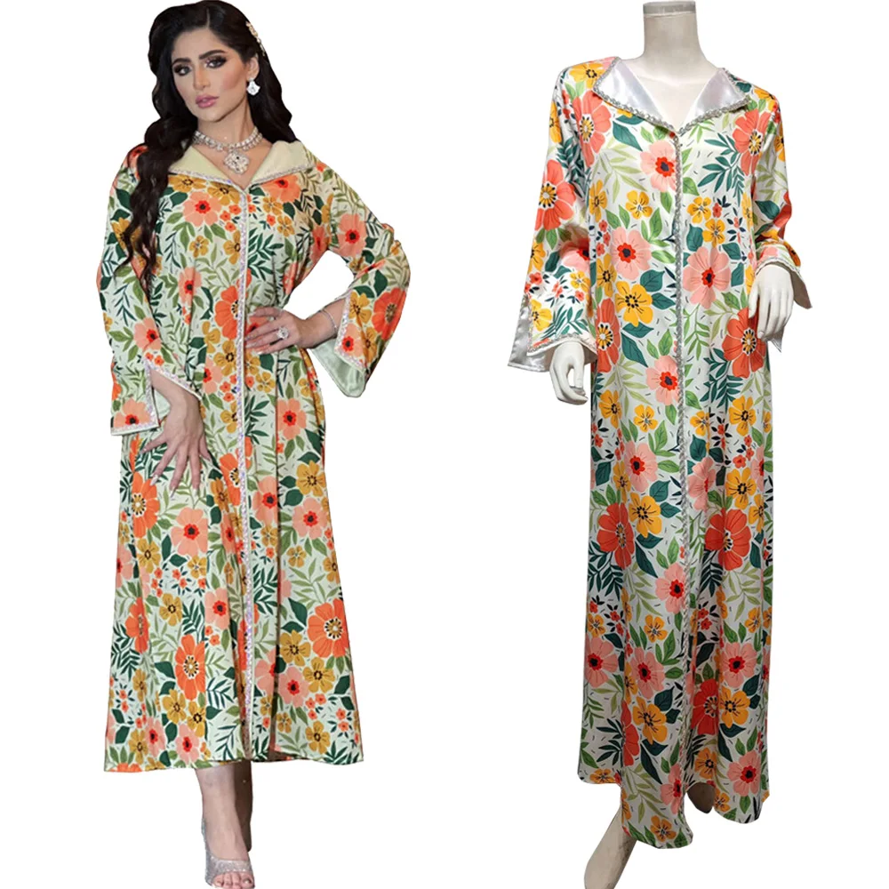 

Ethnic Floral Print Women Muslim Long Dress Kaftan Lapel Collar Rhinestone Evening Gown Islamic Abayas Moroccan Jalabiya Ramadan