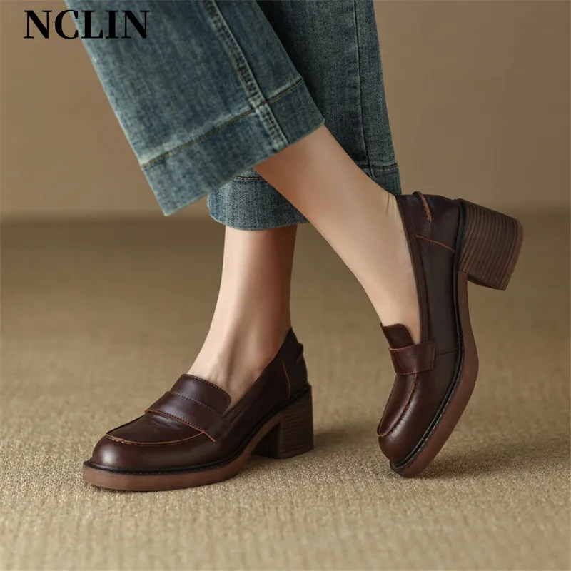 

2024 Spring Genuine Leather Slip-On Women Shoes Casual Loafers Round Toe Simple Shoes Chunky Heel Shoes Woman Zapatos De Mujer