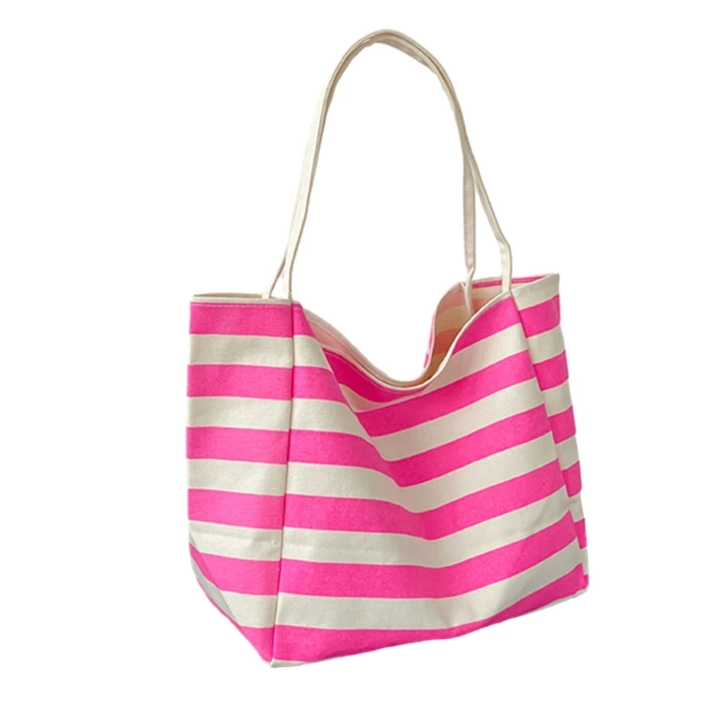 Fashionable Striped Beach Bag for Women Large Capacity Shopping Bags Simple Tote Shoulder Handbag E74B