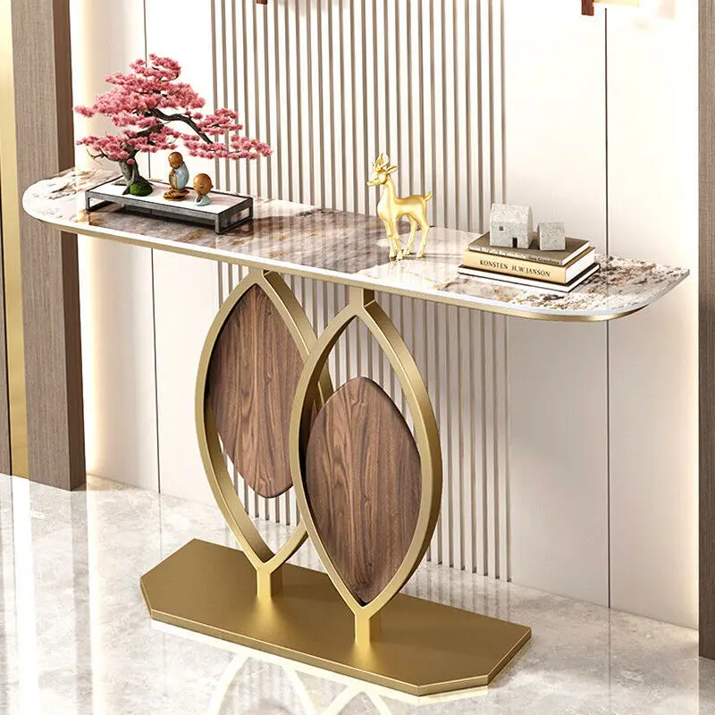 Table console en marbre pour couloir d'entrée en forme de feuille de bois avec pieds dorés stables