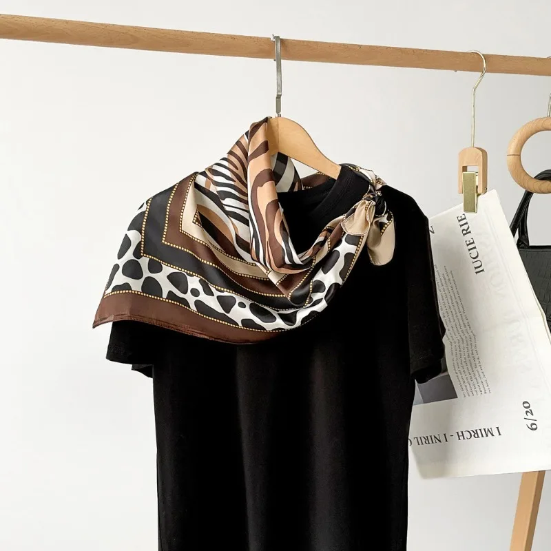 70cm Zebra Print Leopard Dot Printed Scarf Women Geometric Color-blocking Imitation Silk Scarf Retro Versatile Headscarf Shawl