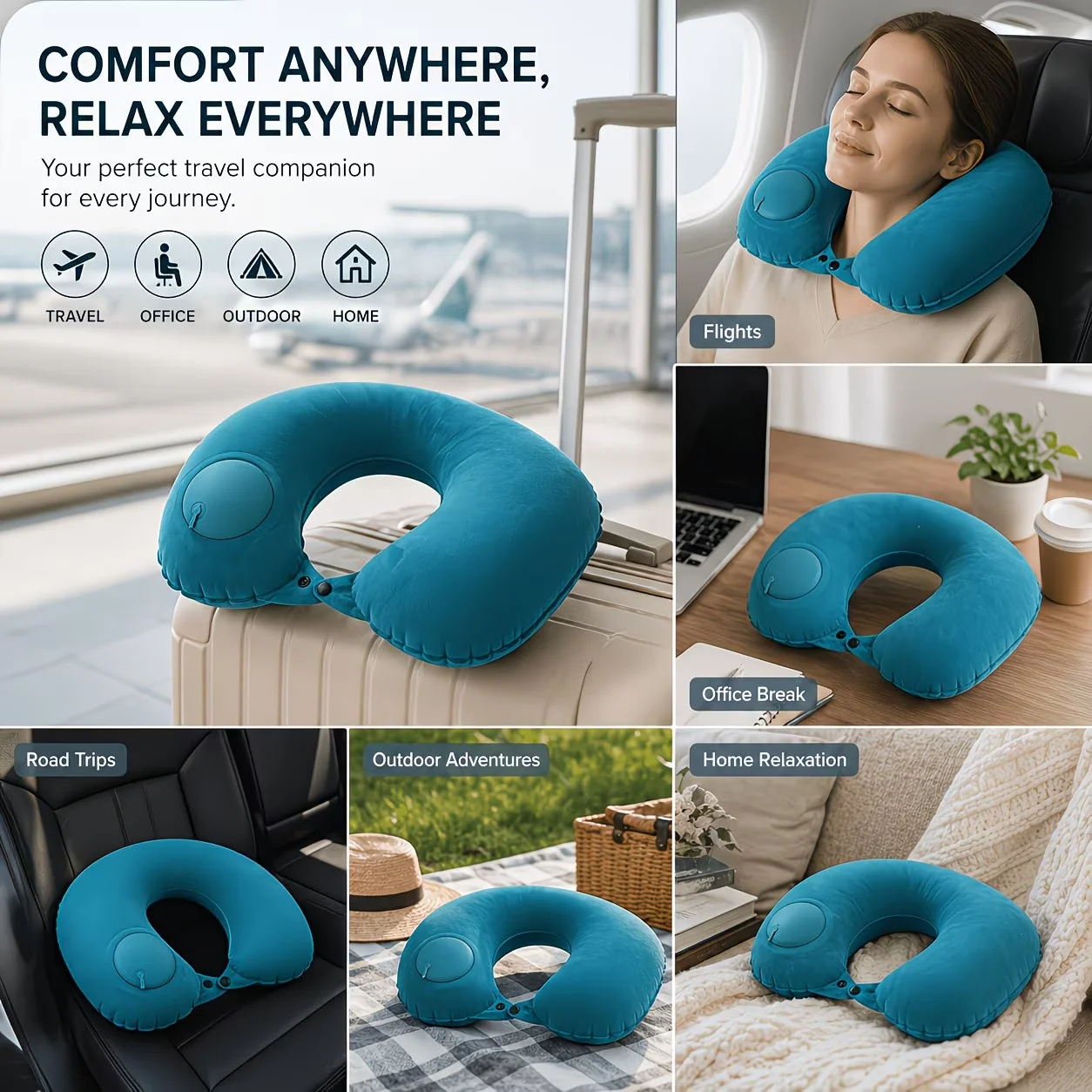 Compact Inflatable Travel Neck Pillow - U-Shaped, Hand-Washable, Portable Design