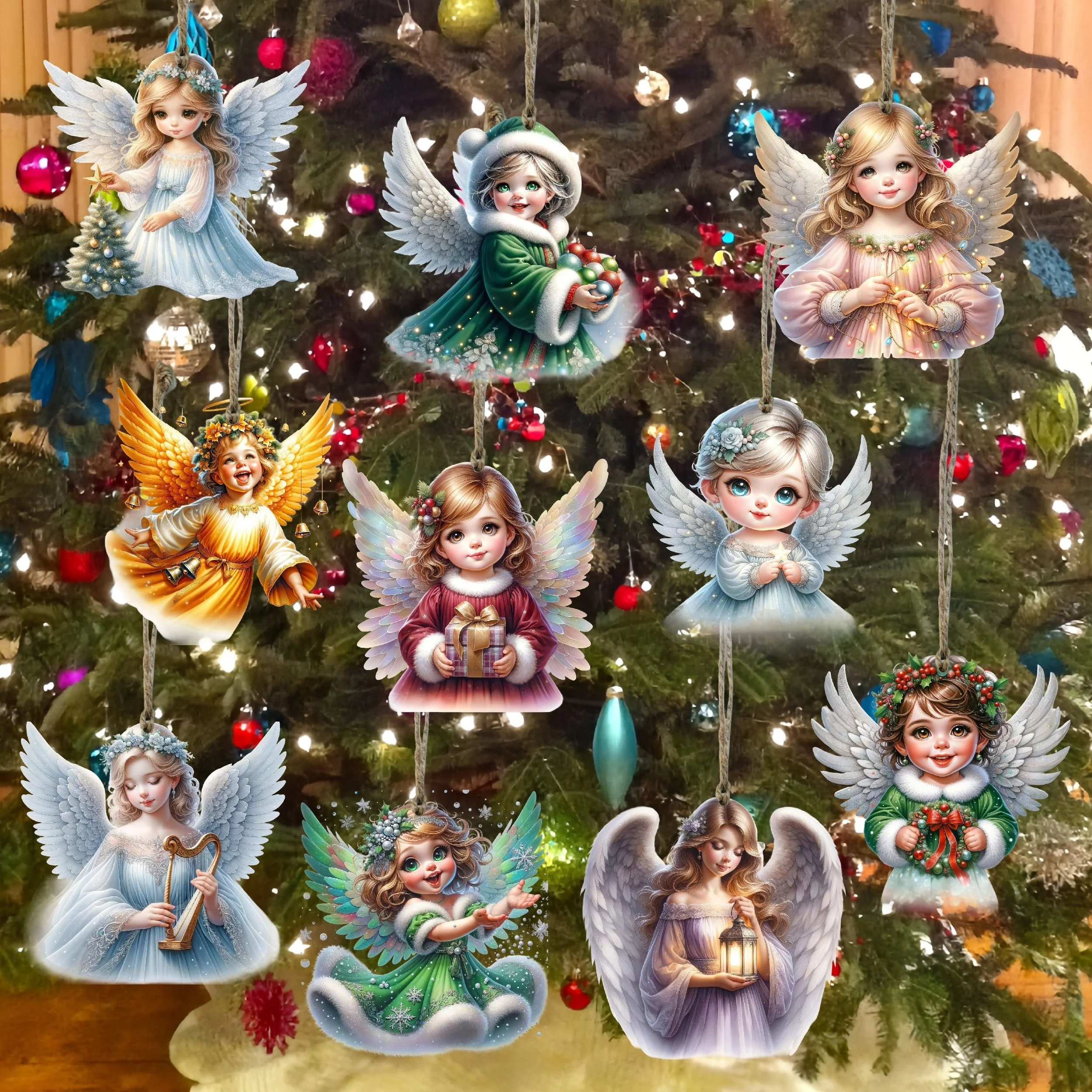10PCS Handmade Wooden Christmas Angel Ornament Rope Holiday Tree Decoration Battery Free
