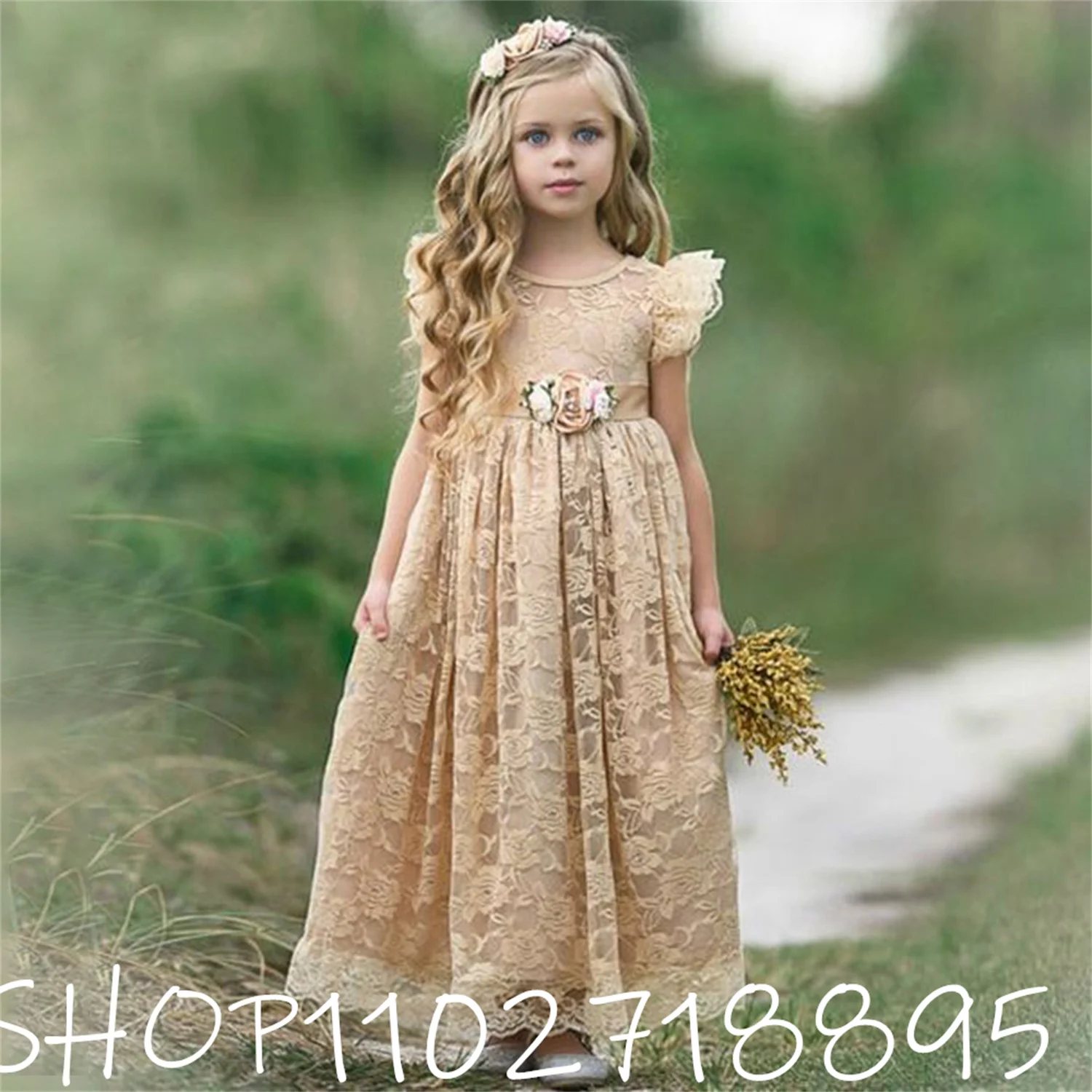 

Gardenwed Ivory Lace Aline Flower Girl Dresses Kids Flower Bow Sashes Communion Dress Tulle Appliques Lace Embroidery Prom Dres