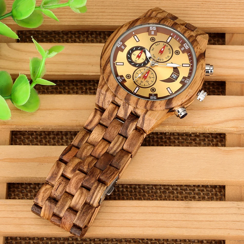 Men's Vintage Quartz Chronograph with Wooden Bangle and Calendar Function