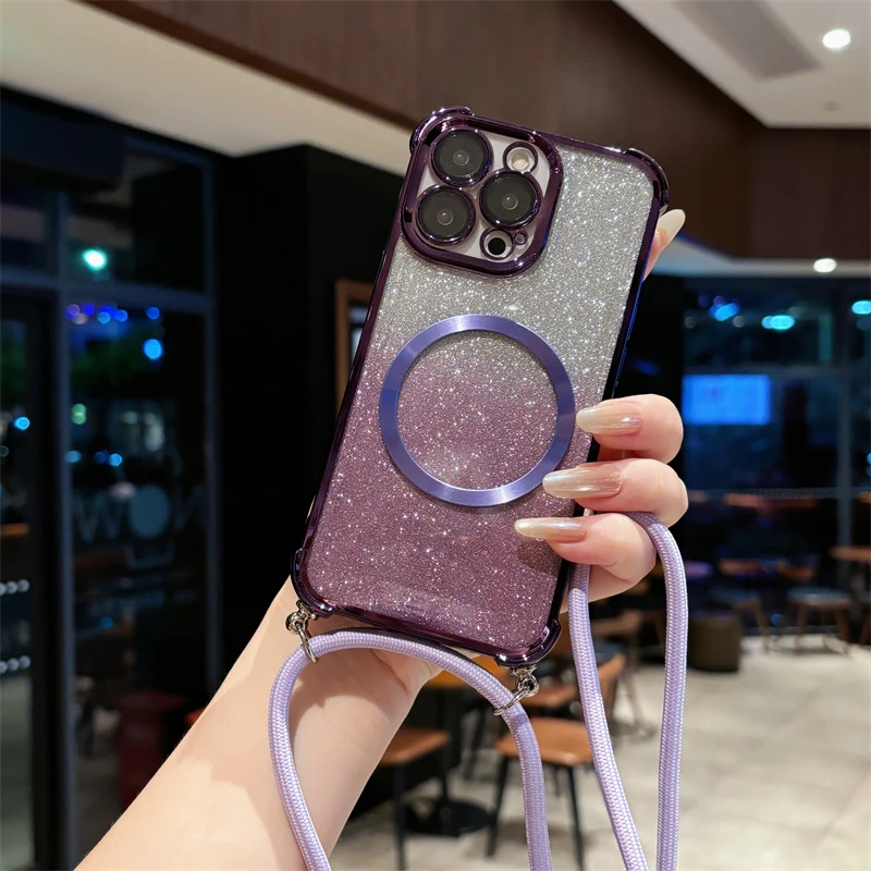Colorful Shockproof Crossbody Bling Lanyard Phone Case - Soft Silicone Back Cover