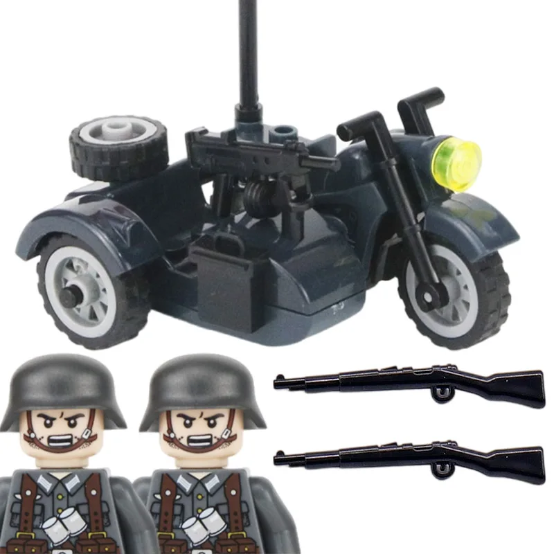 

WW2 Germany Military Motorcycle Accessories Building Blocks Army Soldiers Rifle Vehicle Model Weapons Bricks Toys for Children