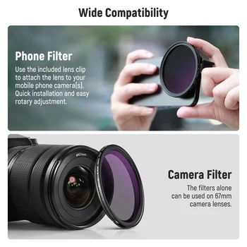 NEEWER 67mm Clip On Variable ND2-ND32 Phone Lens Filter Kit, Phone Clip with Threaded Adapter Ring/Cold Shoe/Locking Knob 6