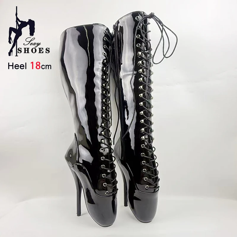 Women 18CM Ultra High heel Black Lace-up Zipper Mid-Calf Boots Plus Size 44 45 46 Sexy Fetish Shoes Woman Stiletto Ballet Boots
