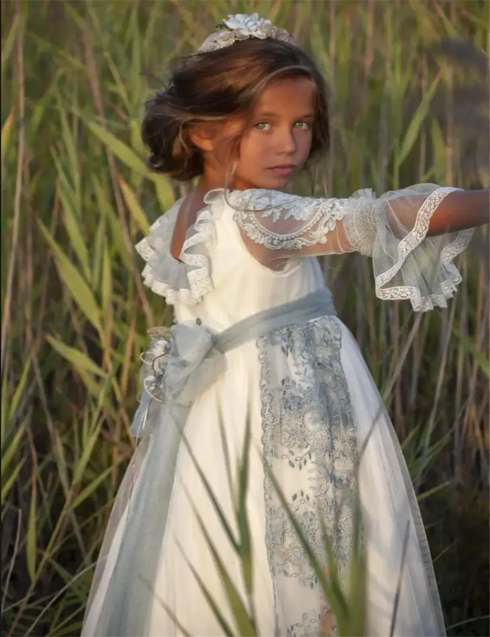 First Communion Gowns White Angel Tulle Lace Printing Flower Girl Dress For Wedding Sleeve Kids Birthday Gift Pageant Princess