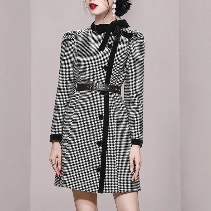 

2023 New Autumn Winter Houndstooth A Line Dress Fashion Women Bow Collar Tweed Plaid Single Breasted Ladies Office Belt Vestidos