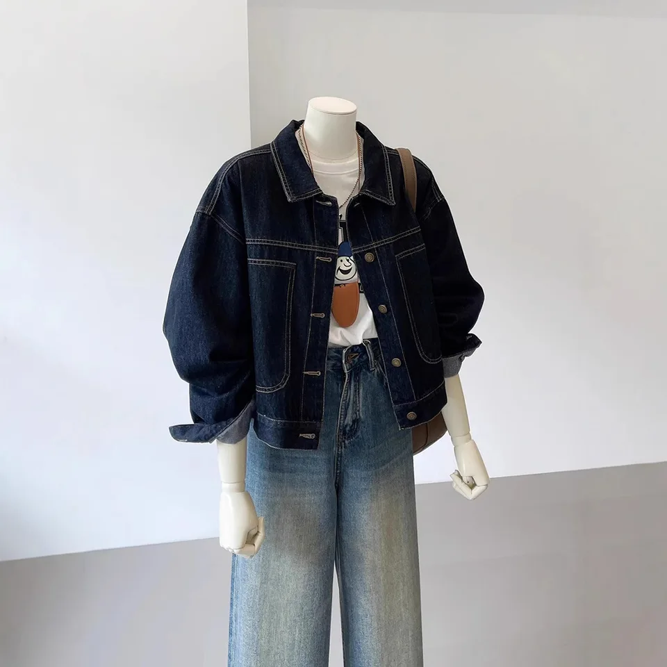 Navy Blue Casual Denim Jacket for Women