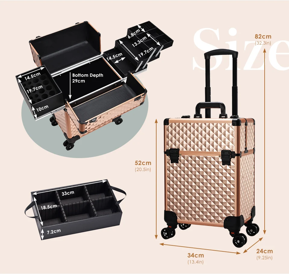 Travel Professional Makeup Suitcase with Wheels Make Up Train Trolley Box Cosmetic Case Briefcase for Nail Manicure Hair Salon