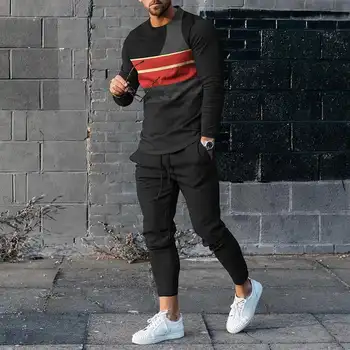 Men's Long Sleeve T-shirts and Pants Two Piece Black Orange Geometry 3D Printed Men's Sets Casual Suit nike tech fleece