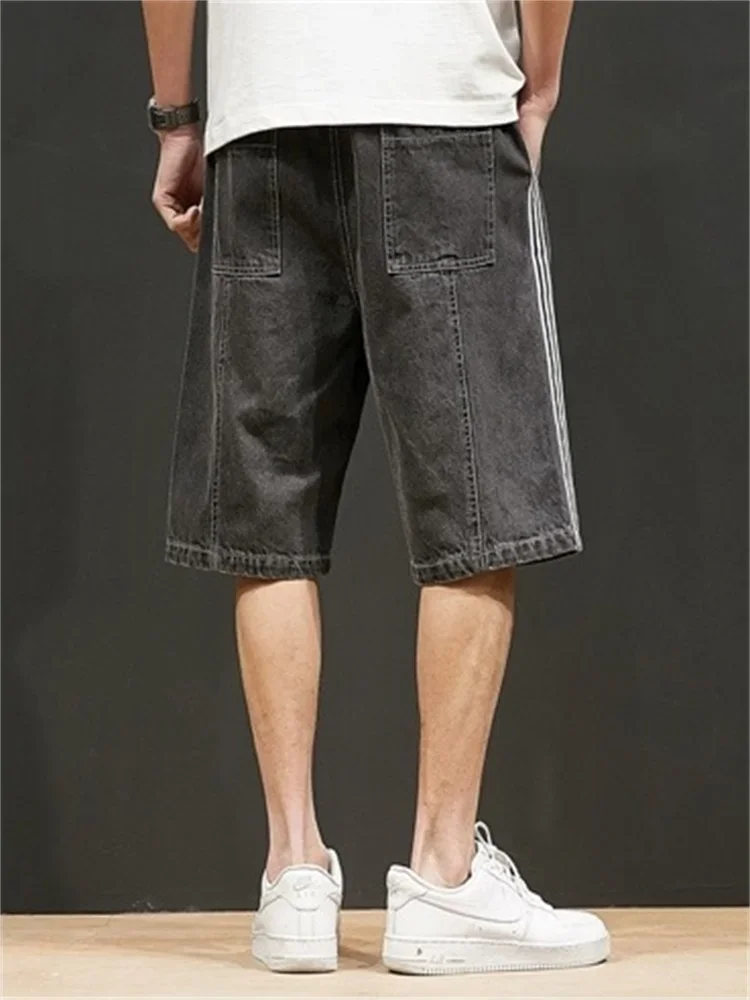 EH · MD® Oversized Loose Denim Shorts Men's Mid-length Pants Summer Thin Style Plus Fat Elastic Band Waist Pants Line Decoration