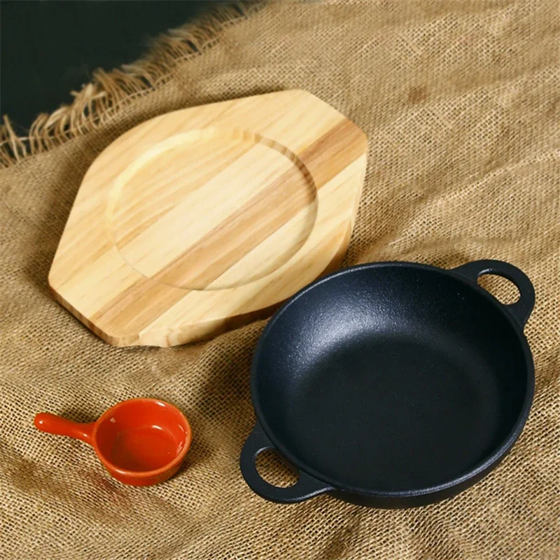 Round Iron Pan for Roast with Wooden Handle and Cushion, Rectangular  Cooking Pot, Cast Iron Tableware, Serving Plate, Steak Tray - AliExpress