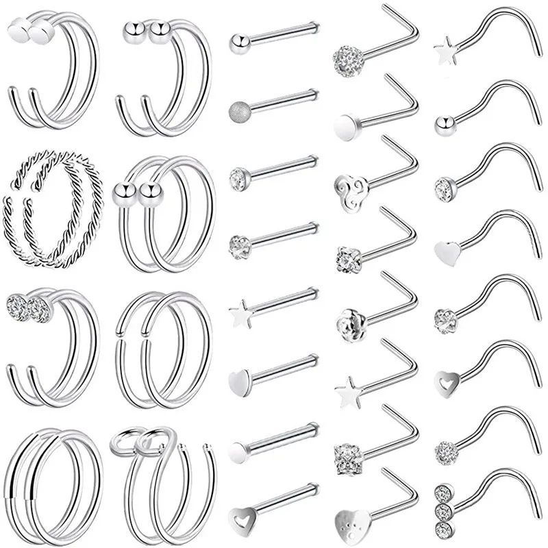 

40pcs 20G Stainless Steel CZ Nose Ring Studs I L Shaped Bone Pin Body Piercing Jewelry for Women men gift