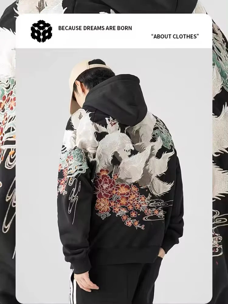 High Quality Embroidery Man Women Hoodies Harajuku 100% Cotton Hooded Sweatshirts Autumn Long Sleeve Black Pullover Loose Tops 4