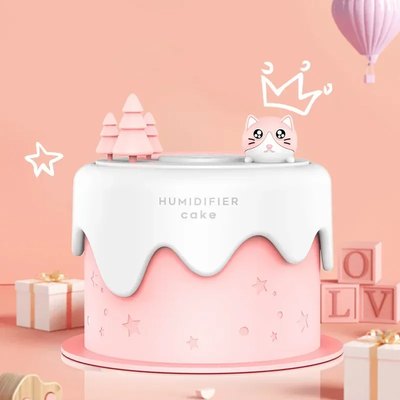 Mist Maker Fogger Mute Umidificador for Bedroom Office Cute Cat Cake Mini Air Humidifier with LED Lamp 300ml USB Ultrasonic Cool