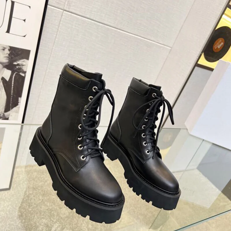 

Cross-tied Black Ankle Boots Women's Autumn Winter Leather Martin Boots Outdoors Office Chunky Heel Girl's Casual Soft Boots