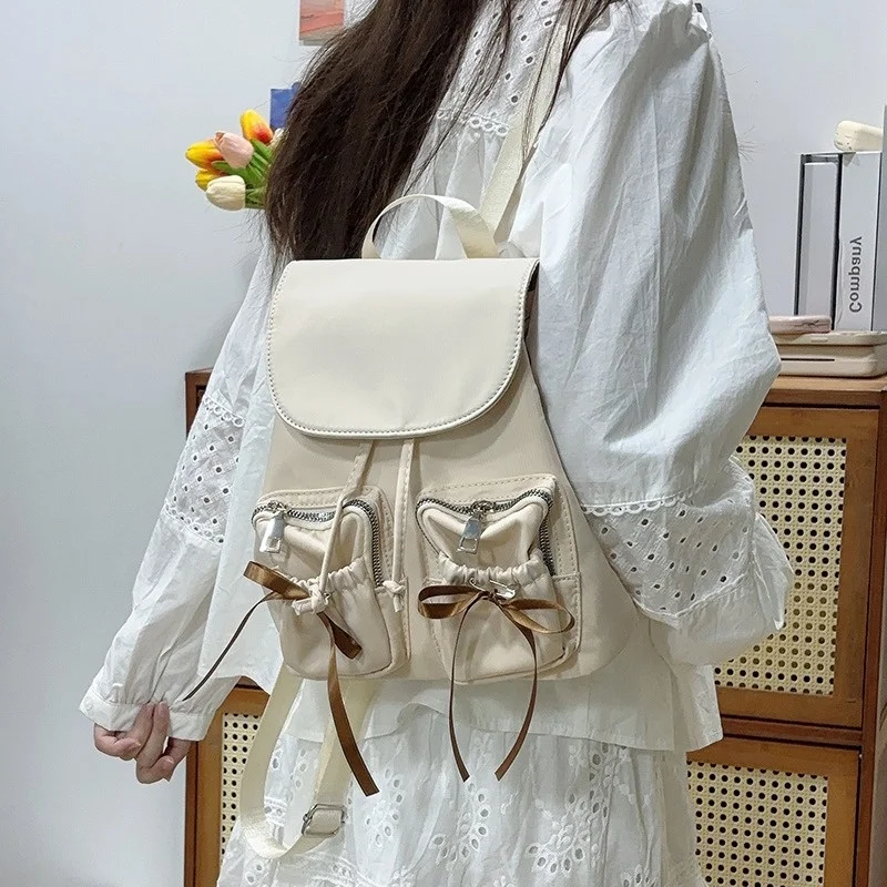 여성용 나비매듭 디자인 더블 포켓 백, 한국 캐주얼 단색 백팩, 대용량 소형 여행 백팩, Y2k