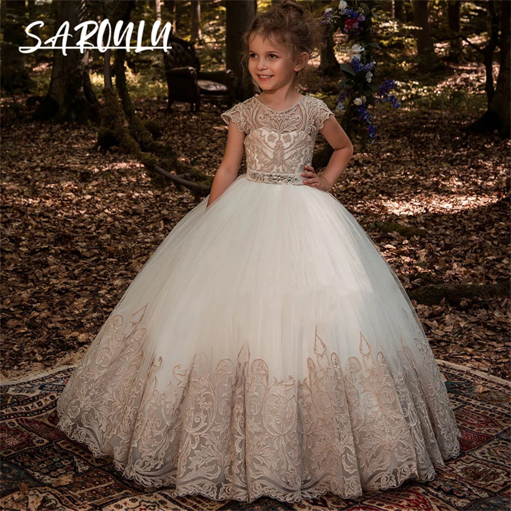 Robe de Rhen dentelle champagne pour filles, robes de Rhformelles pour enfants, fête de mariage, fleur, princesse, luxe