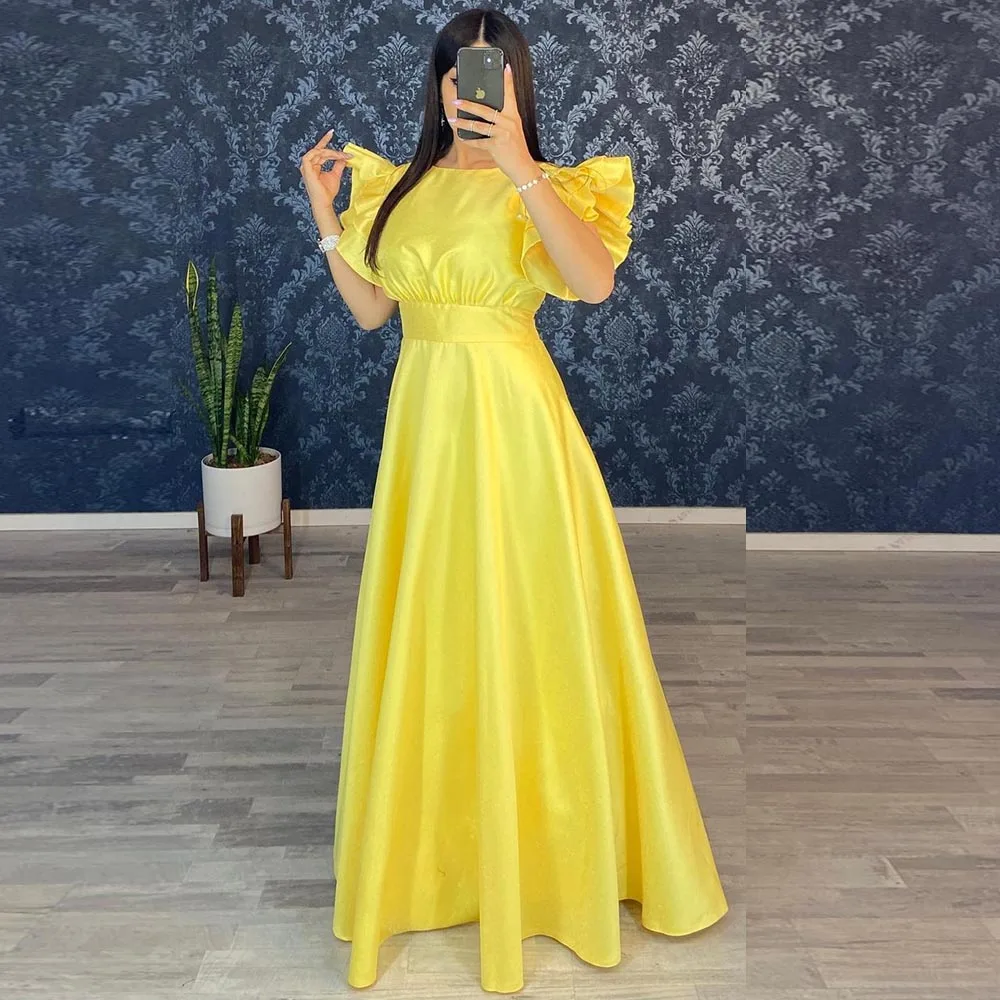 

Thinyfull Yellow A Line Satin Prom Dresses Cap Sleeves Tiered Floor Length Formal Prom Gowns 2022 Wedding Party Gowns For Guest