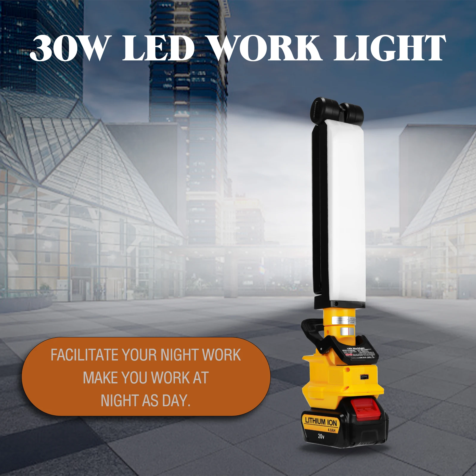 2400LM LED Work Light Outdoor Flashlight Portable Camping Light Folding Lamp 30W for DeWalt 18V/20V Lithium-ion Battery