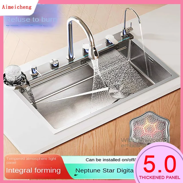 อ่างล่างหน้าสแตนเลสสตีลแสดงผลดิจิทัล5.0มม. สีเงินพร้อมก๊อกน้ำน้ำตกสลักลายนูนสำหรับบ้านไร่ขนาดใหญ่ 1