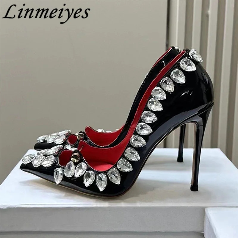 

New Crystal High Heels Shoes Women Patent Leather Pointed Toe Rhinestone Party Shoes Shallow Dress Stiletto Modern Shoes Woman