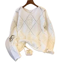 Woman Hollow Knitted Sweater Sequins Solid Glitter Knitting Blouse Long Sleeve Pullover Blouses Female Lady Beach Club Outfit - Image 5