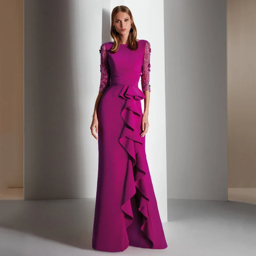 Ball Elegant Scoop Half Sleeves Mother Of The Bride Dresses With Slit Fuchsia Evening Gown For Wedding Ruffles Guest Dress mother bride dresses