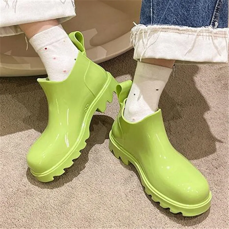 

Candy Colored Four Season Rain Boots Women New Fashion Simple Muffin Shoes Lady Waterproof Thick Soled Antiskid Short Booties